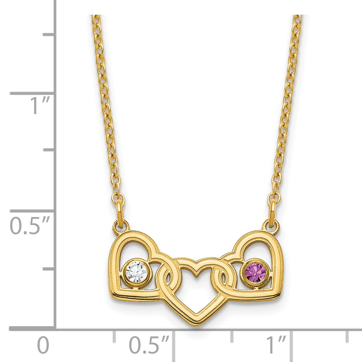 Sterling Silver Gold plated 3 Hearts with 2 Birthstones Necklace