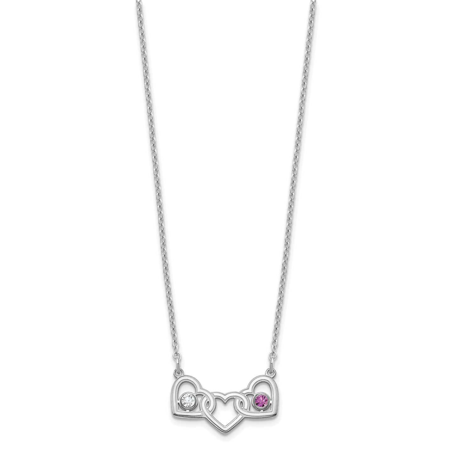 Sterling Silver Rhodium plated 3 Hearts with 2 Birthstones Necklace