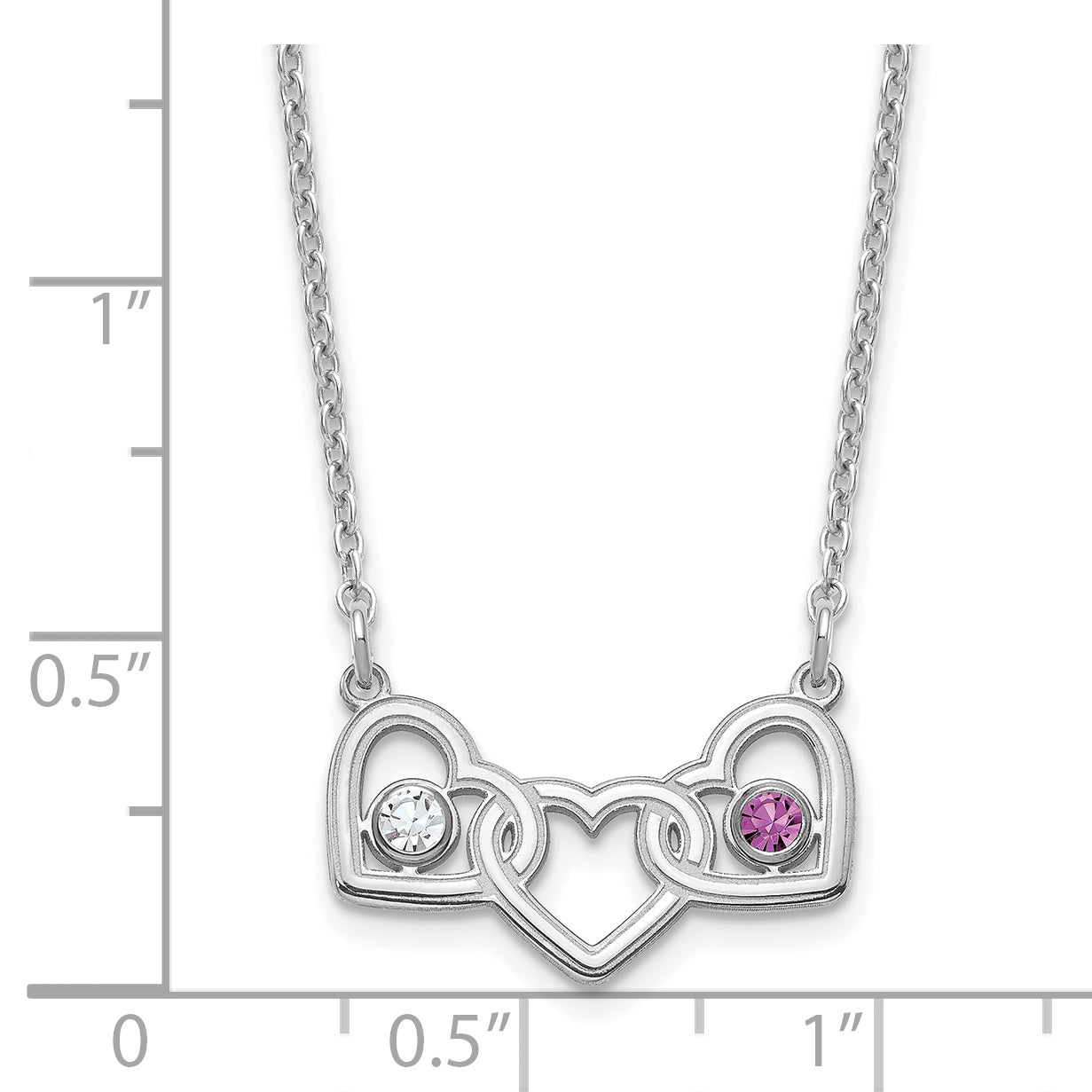 Sterling Silver Rhodium plated 3 Hearts with 2 Birthstones Necklace
