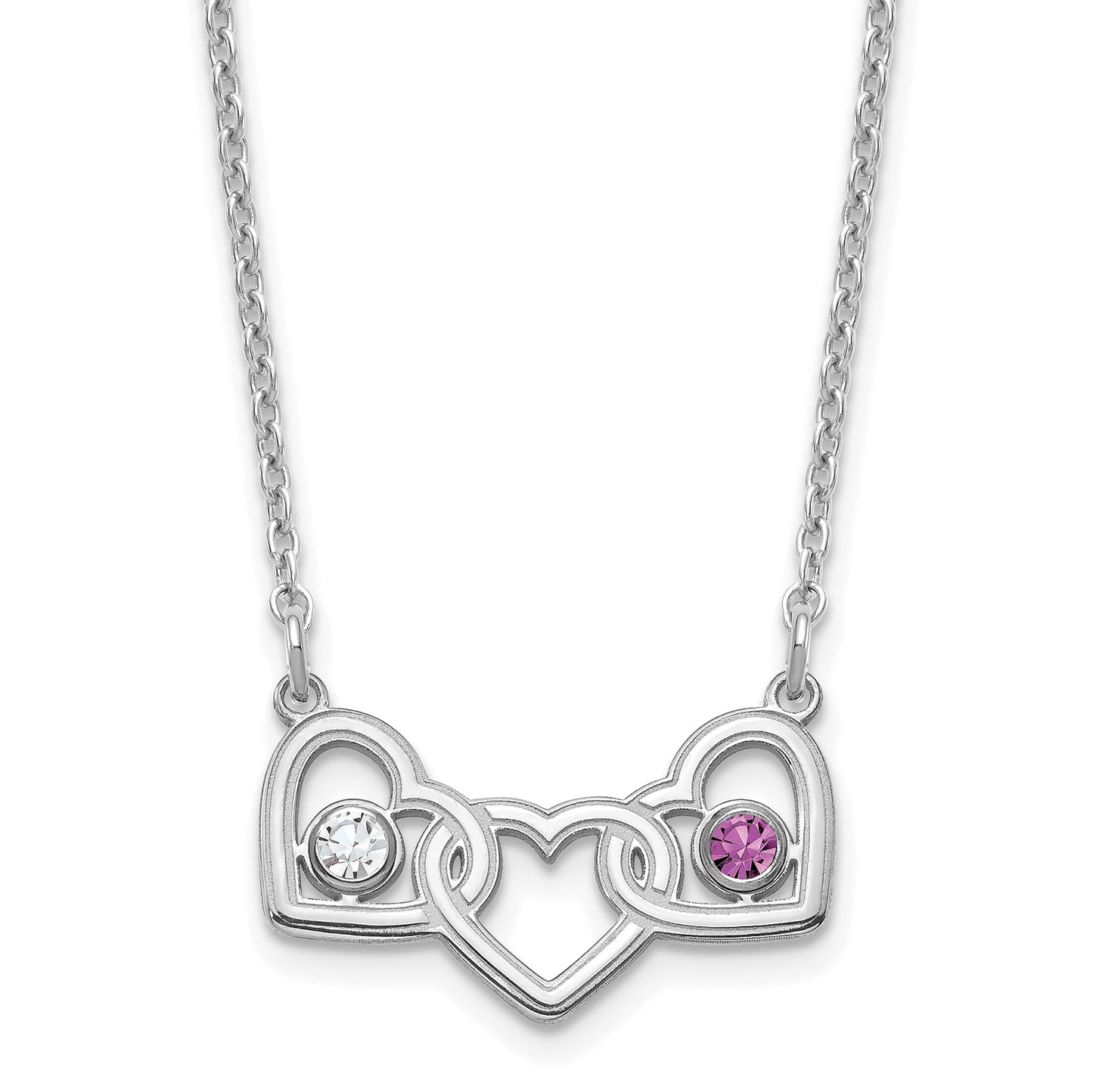 Sterling Silver Rhodium plated 3 Hearts with 2 Birthstones Necklace