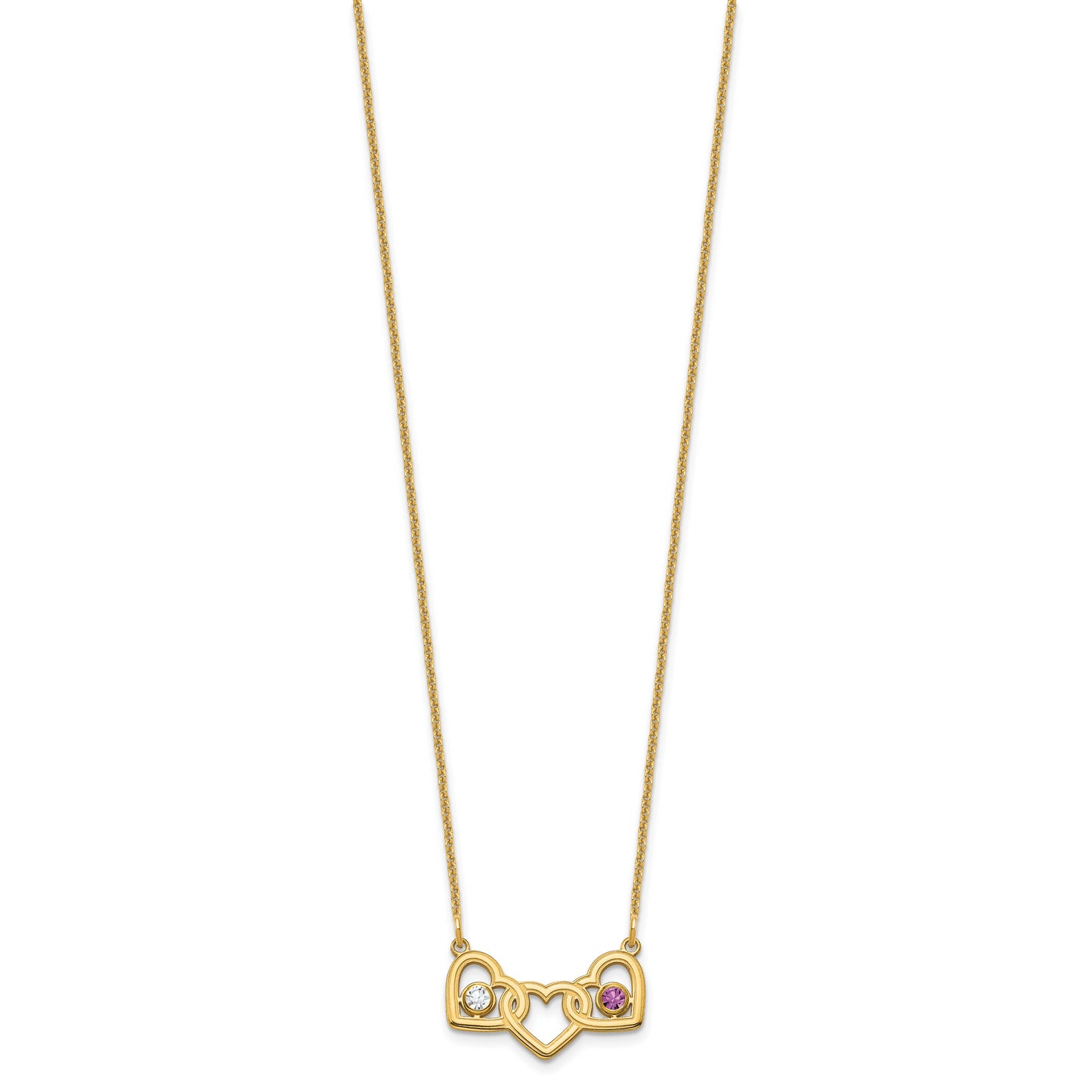 14K Yellow Gold 3 Hearts 2 Birthstones w/ 14k Bezel Necklace