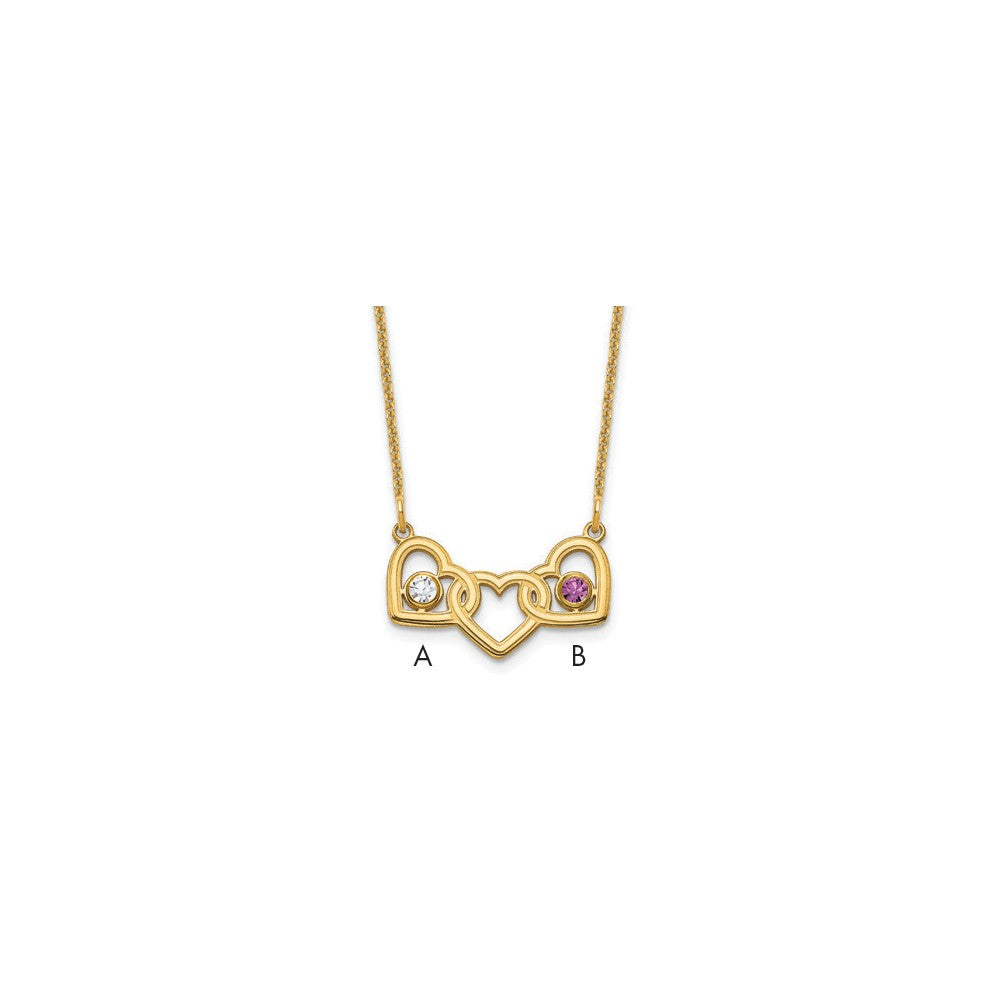 14K Yellow Gold 3 Hearts 2 Birthstones w/ 14k Bezel Necklace