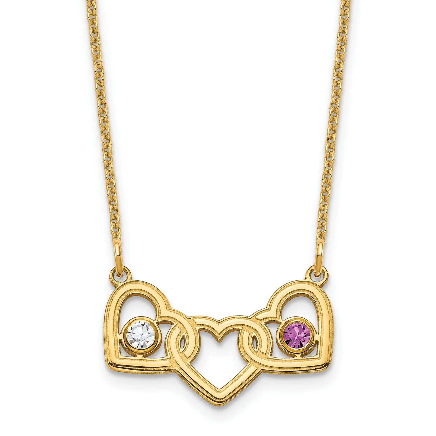 14K Yellow Gold 3 Hearts 2 Birthstones w/ 14k Bezel Necklace