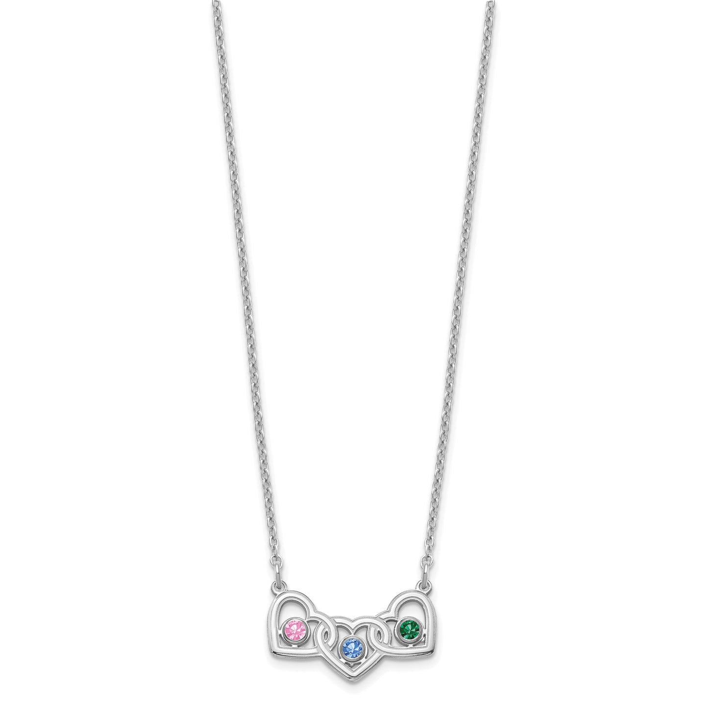 Sterling Silver Rhodium plated 3 Hearts with 3 Birthstones Necklace