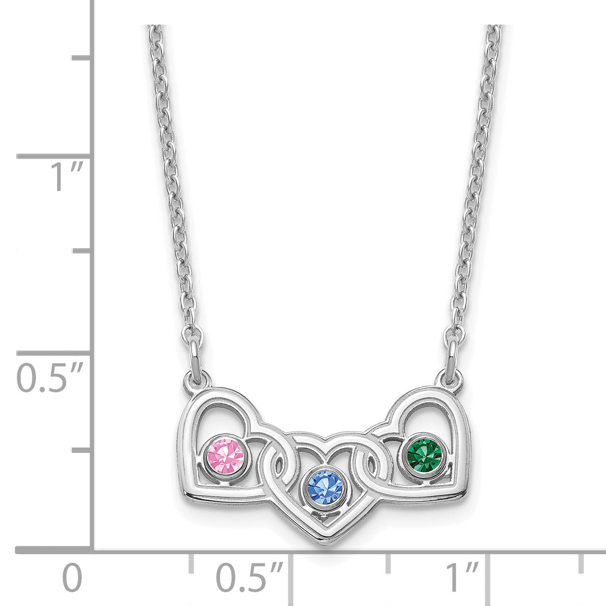 Sterling Silver Rhodium plated 3 Hearts with 3 Birthstones Necklace