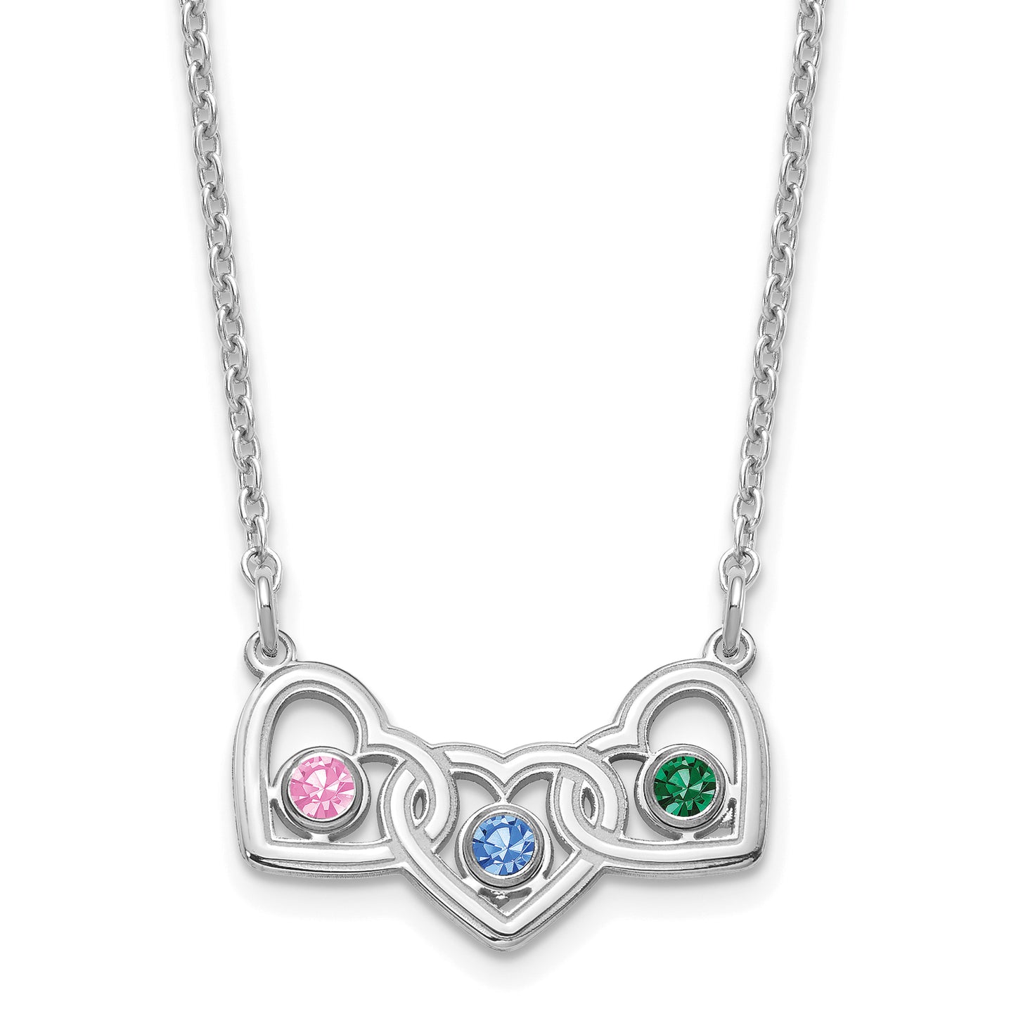 Sterling Silver Rhodium plated 3 Hearts with 3 Birthstones Necklace