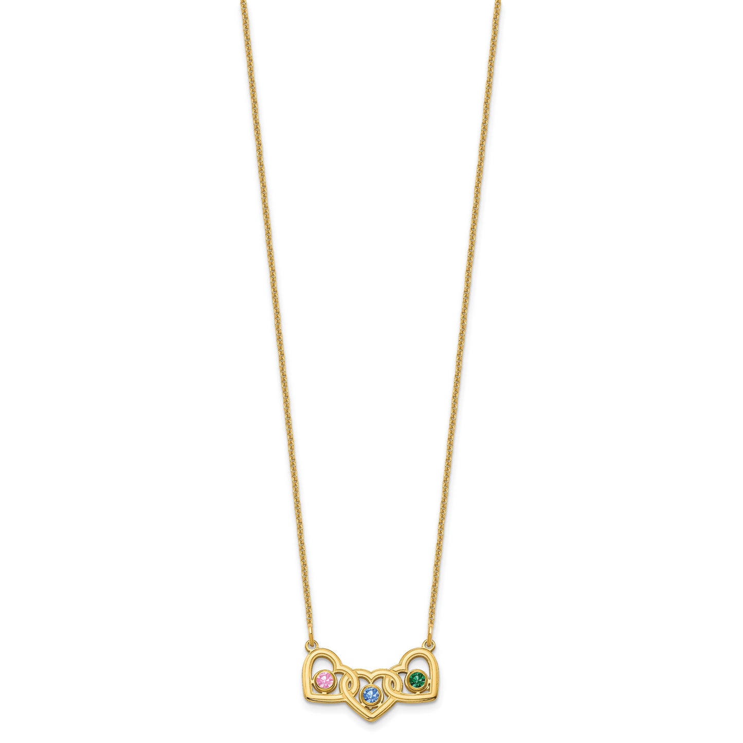 14K Yellow Gold 3 Hearts 3 Birthstones w/ 14k Bezel Necklace