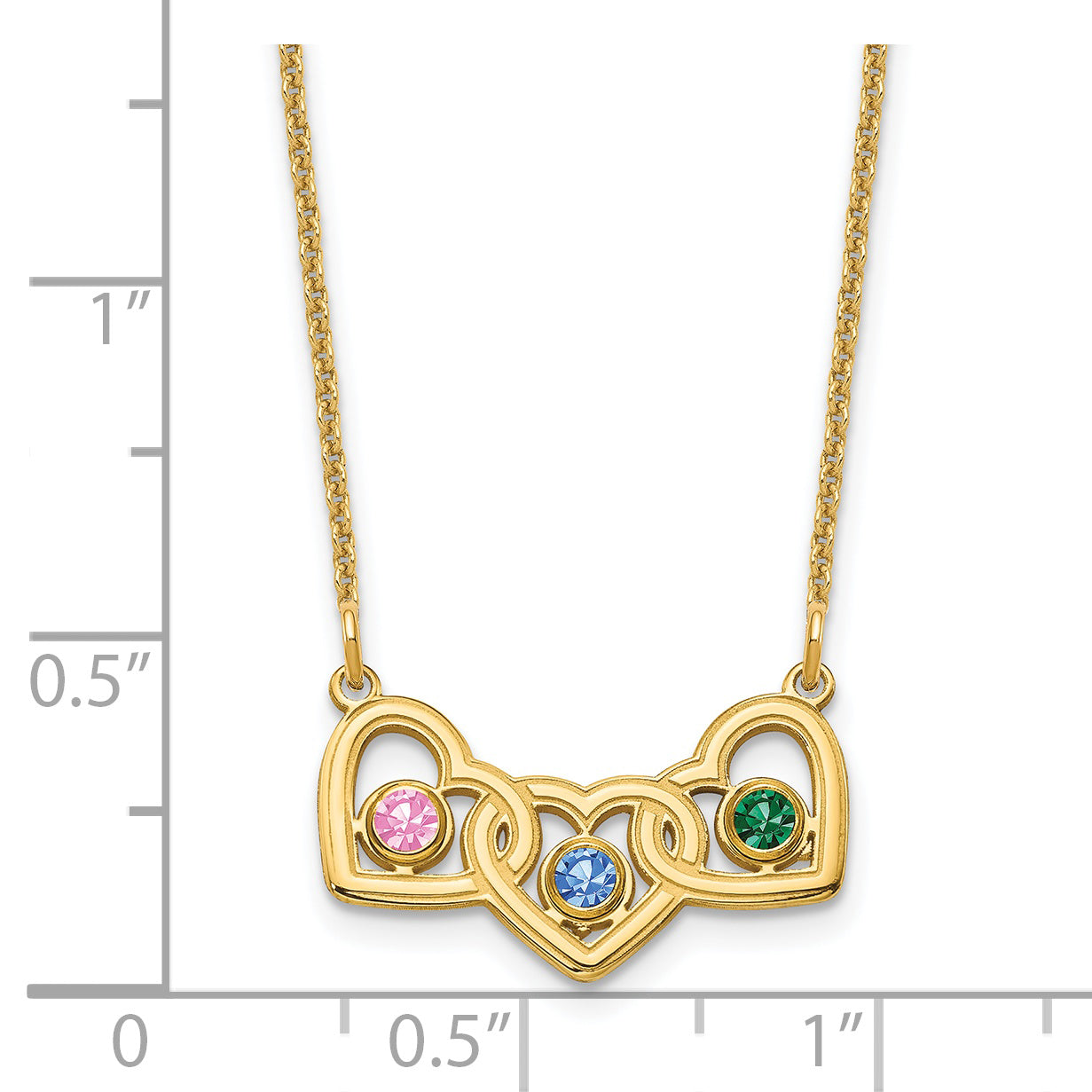 14K Yellow Gold 3 Hearts 3 Birthstones w/ 14k Bezel Necklace
