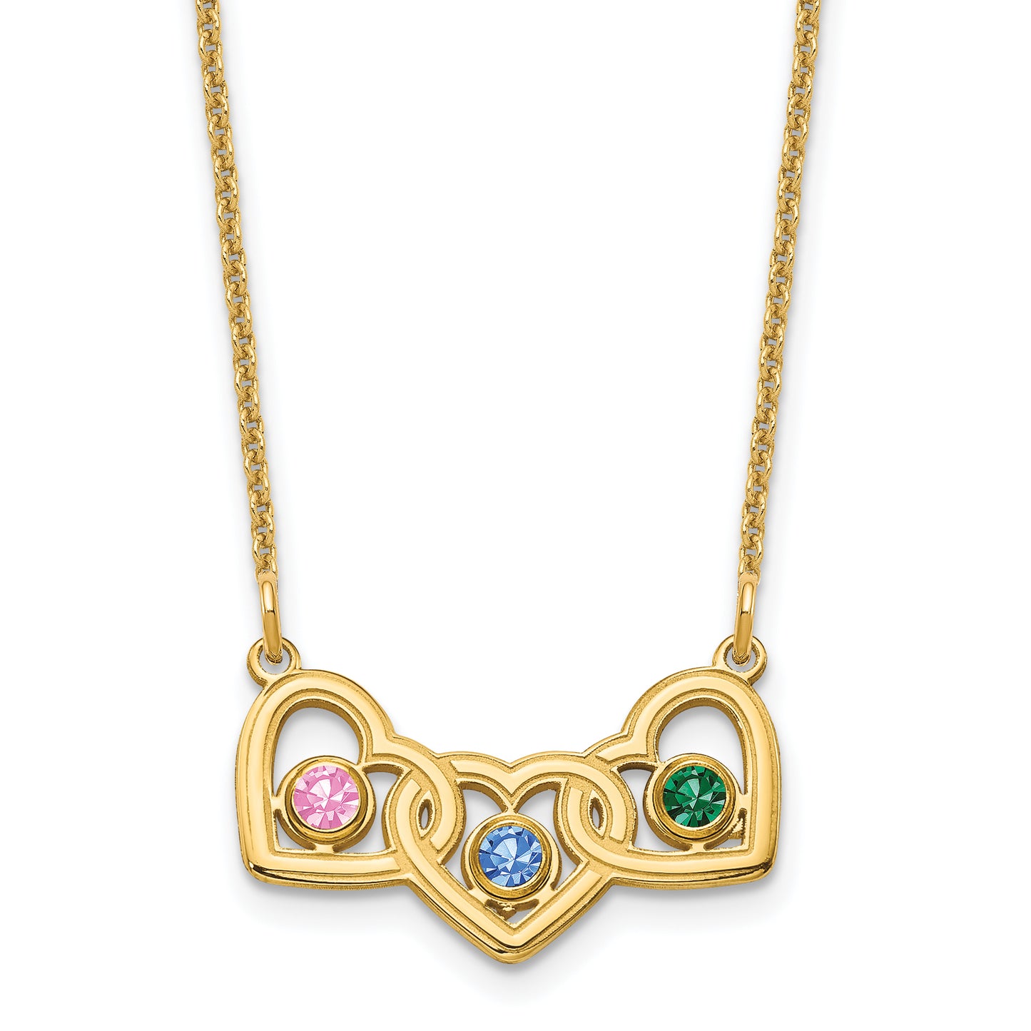 14K Yellow Gold 3 Hearts 3 Birthstones w/ 14k Bezel Necklace