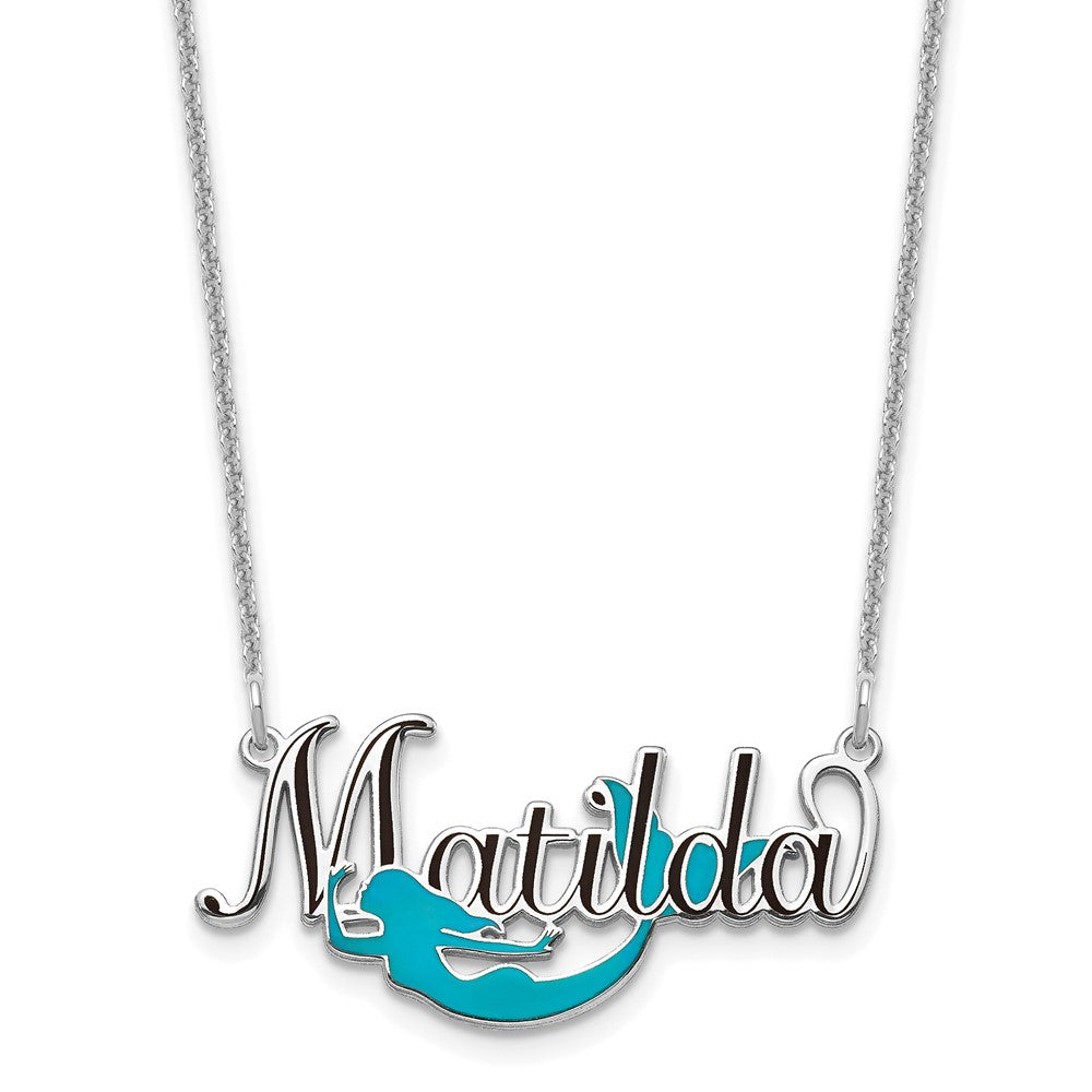 10K White Gold Enameled Name Plate Mermaid Necklace