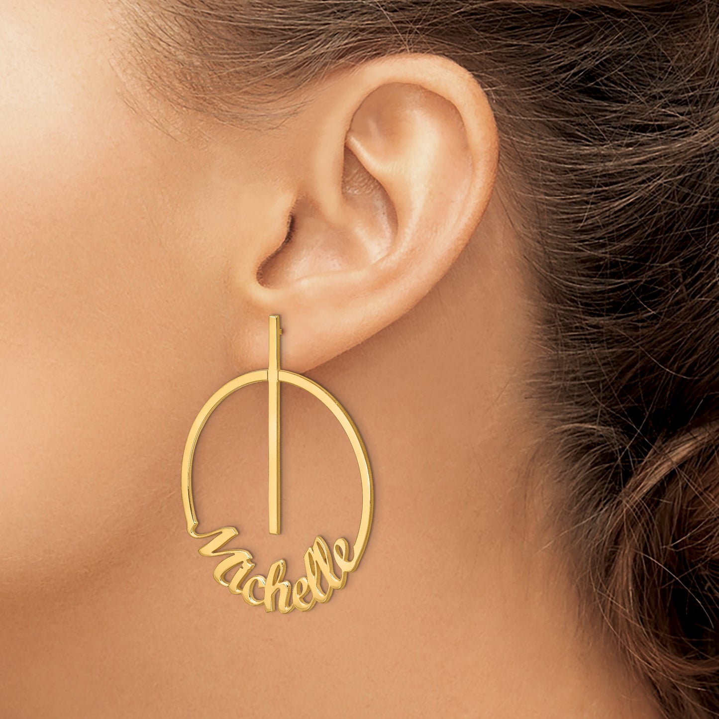 14K Yellow Gold Large Circle Name Post Earrings