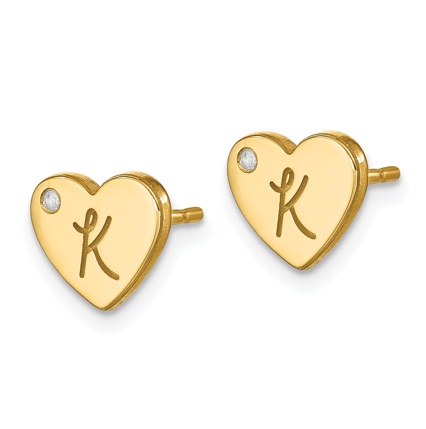 Sterling Silver Gold Plated Initial Heart with Diamond Post Earrings