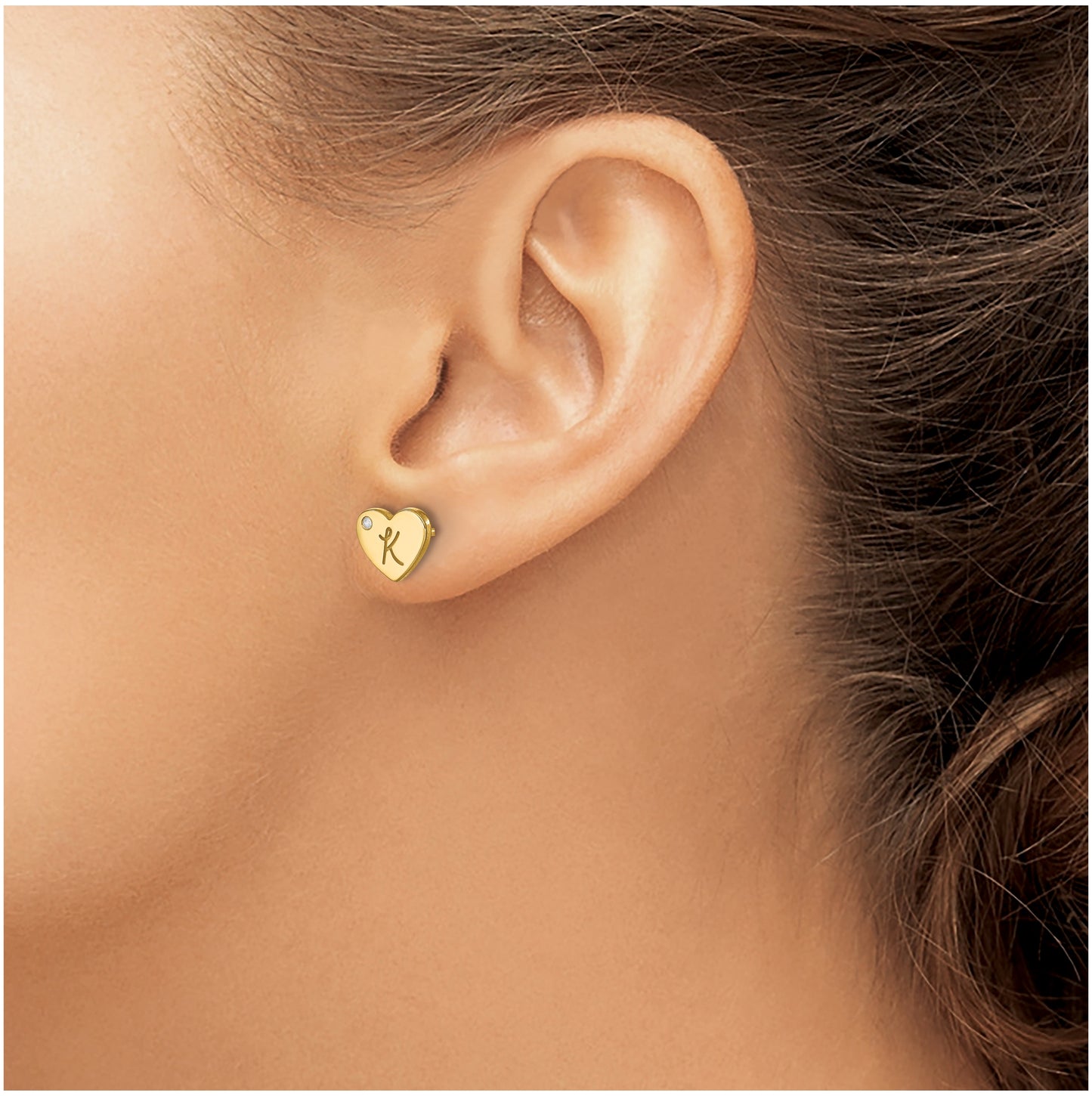 Sterling Silver Gold Plated Initial Heart with Diamond Post Earrings