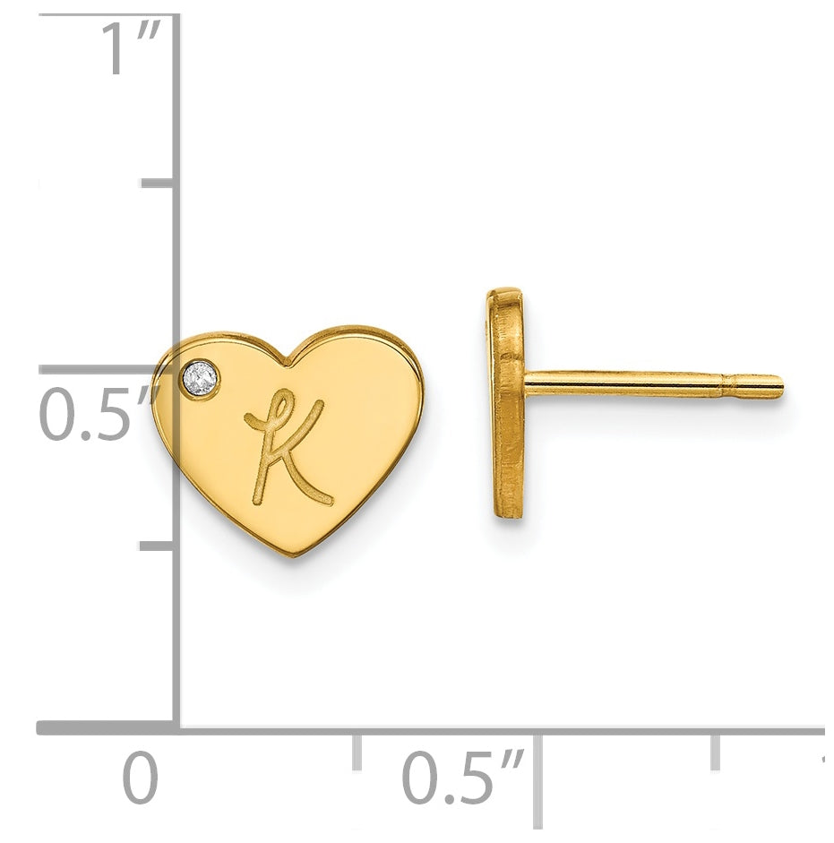 Sterling Silver Gold Plated Initial Heart with Diamond Post Earrings