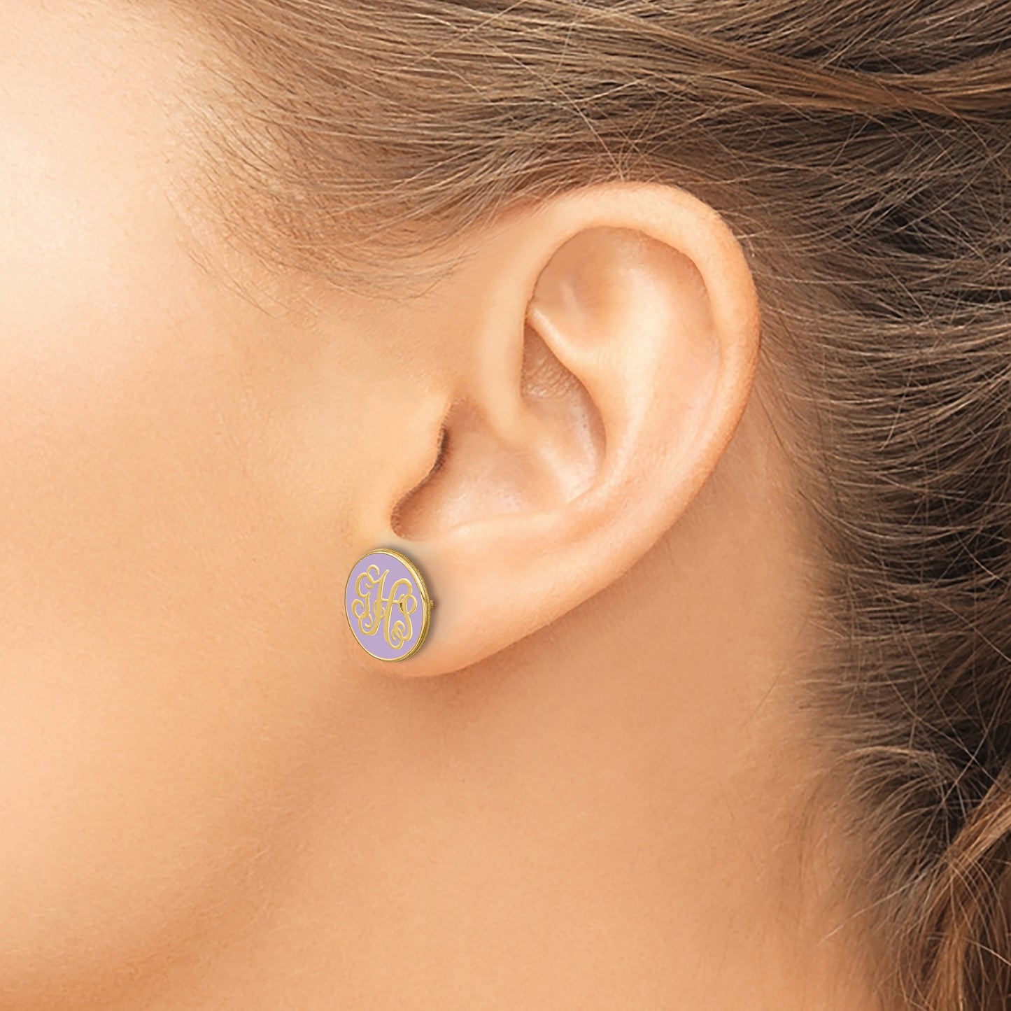 14K Yellow Gold Enameled Circle Monogram Post Earrings
