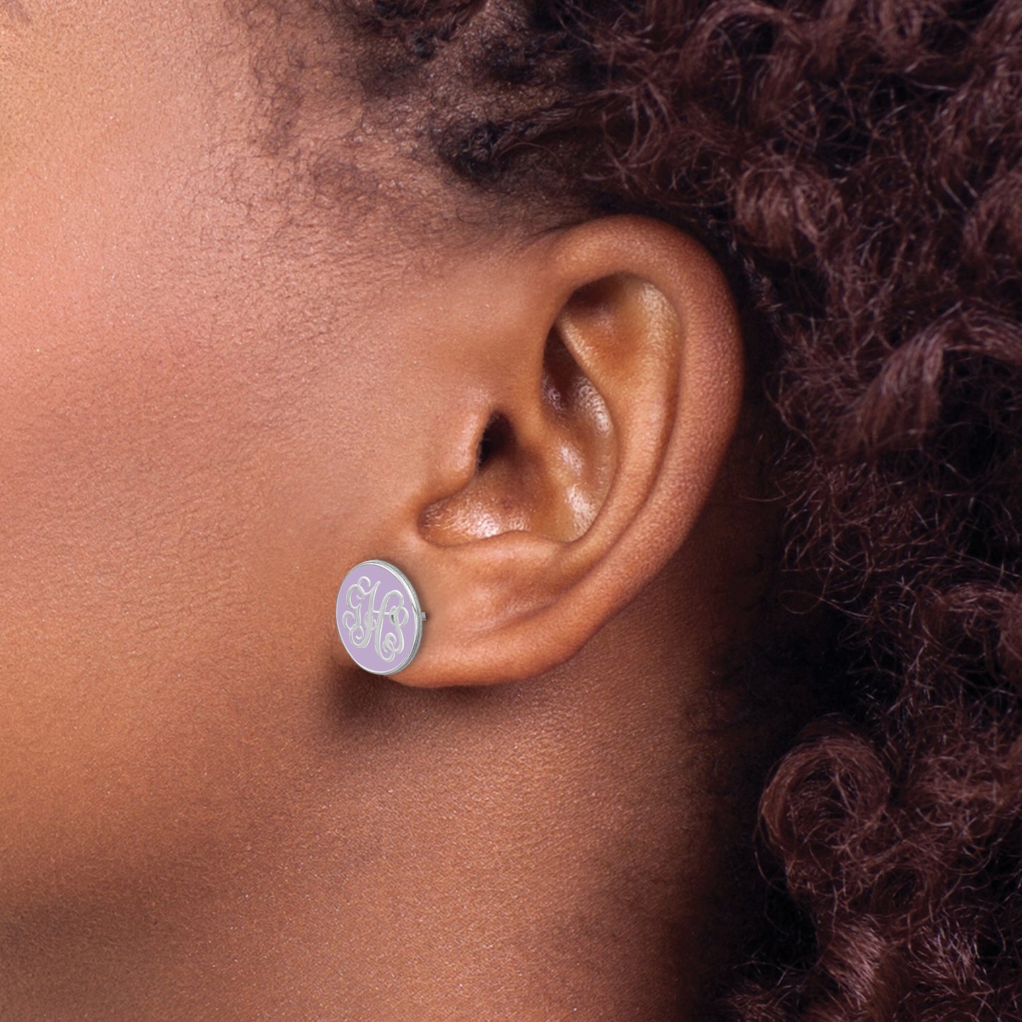 14K White Gold Enameled Circle Monogram Post Earrings