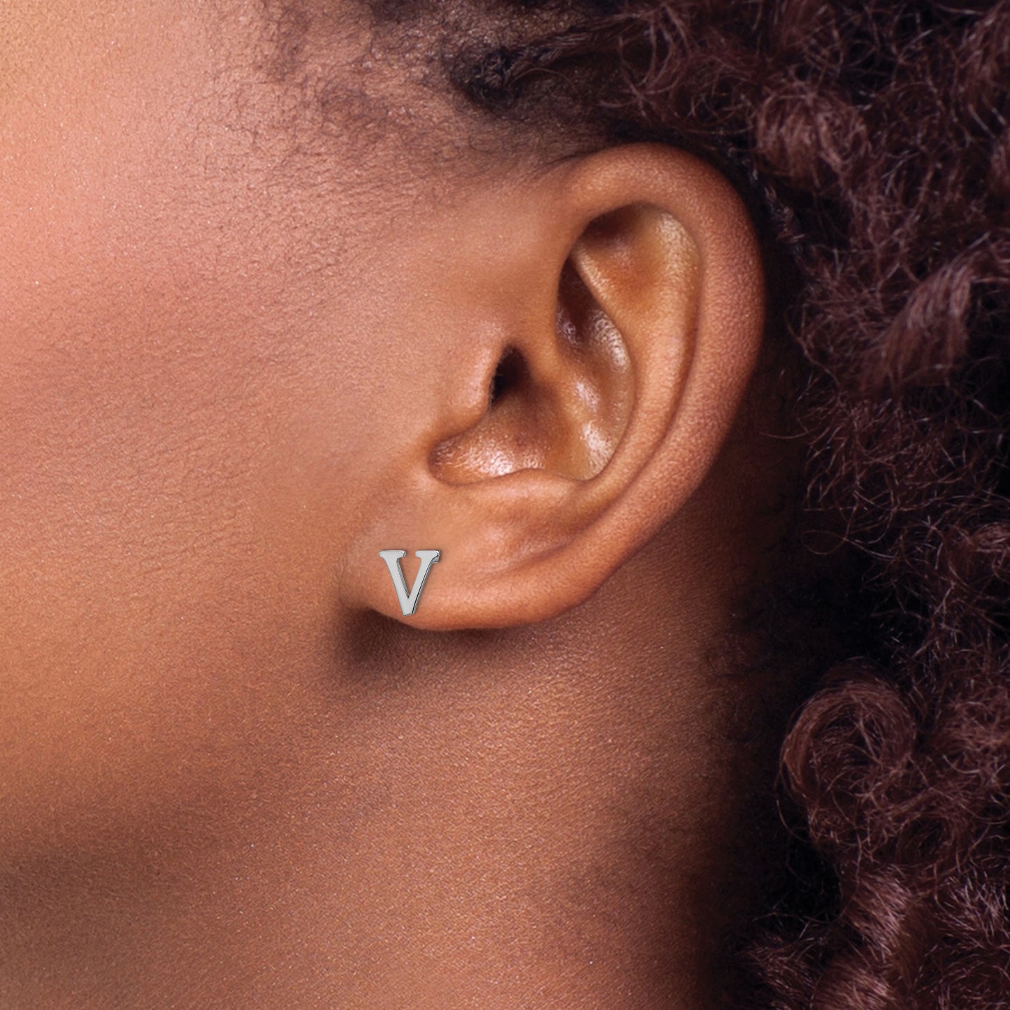 Sterling Silver Rhodium plated Letter V Initial Post Earrings