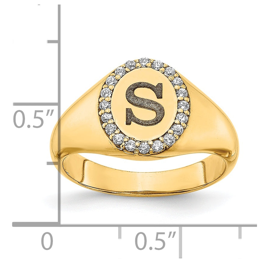 14K Yellow Gold Initial Oval with Diamond Classic Signet Ring, Size 7