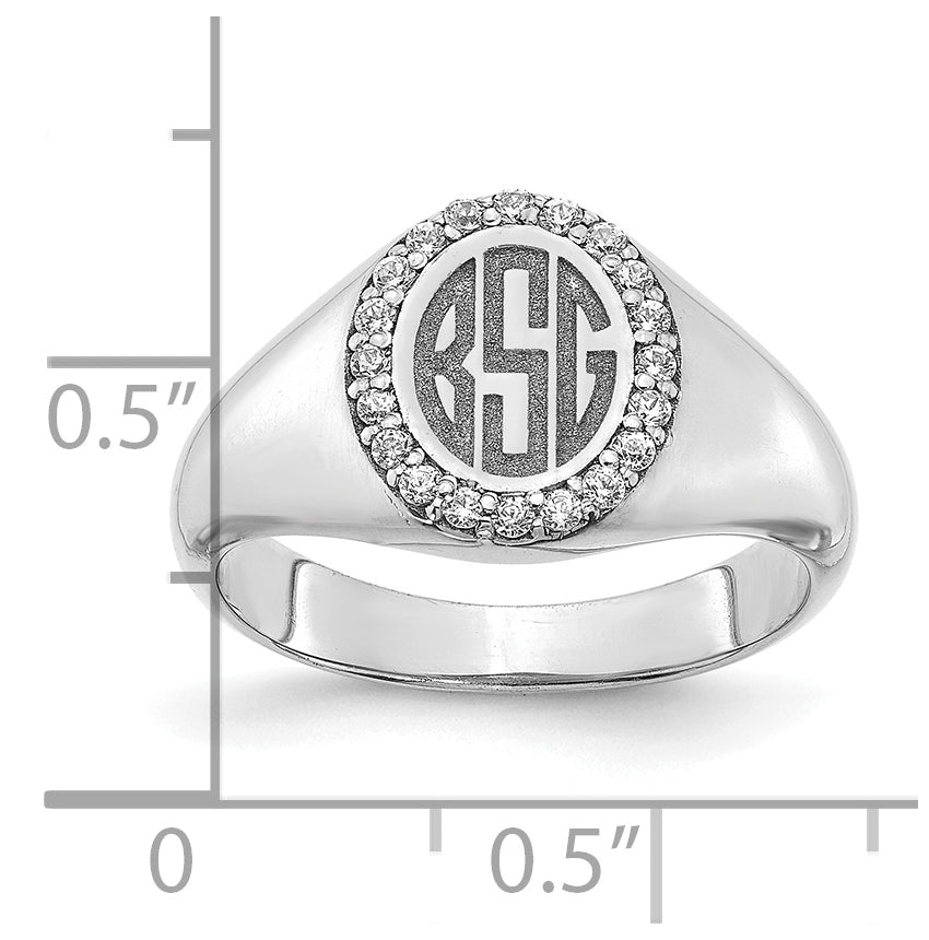 14K White Gold Large Diamond Oval Classic Monogram Signet Ring