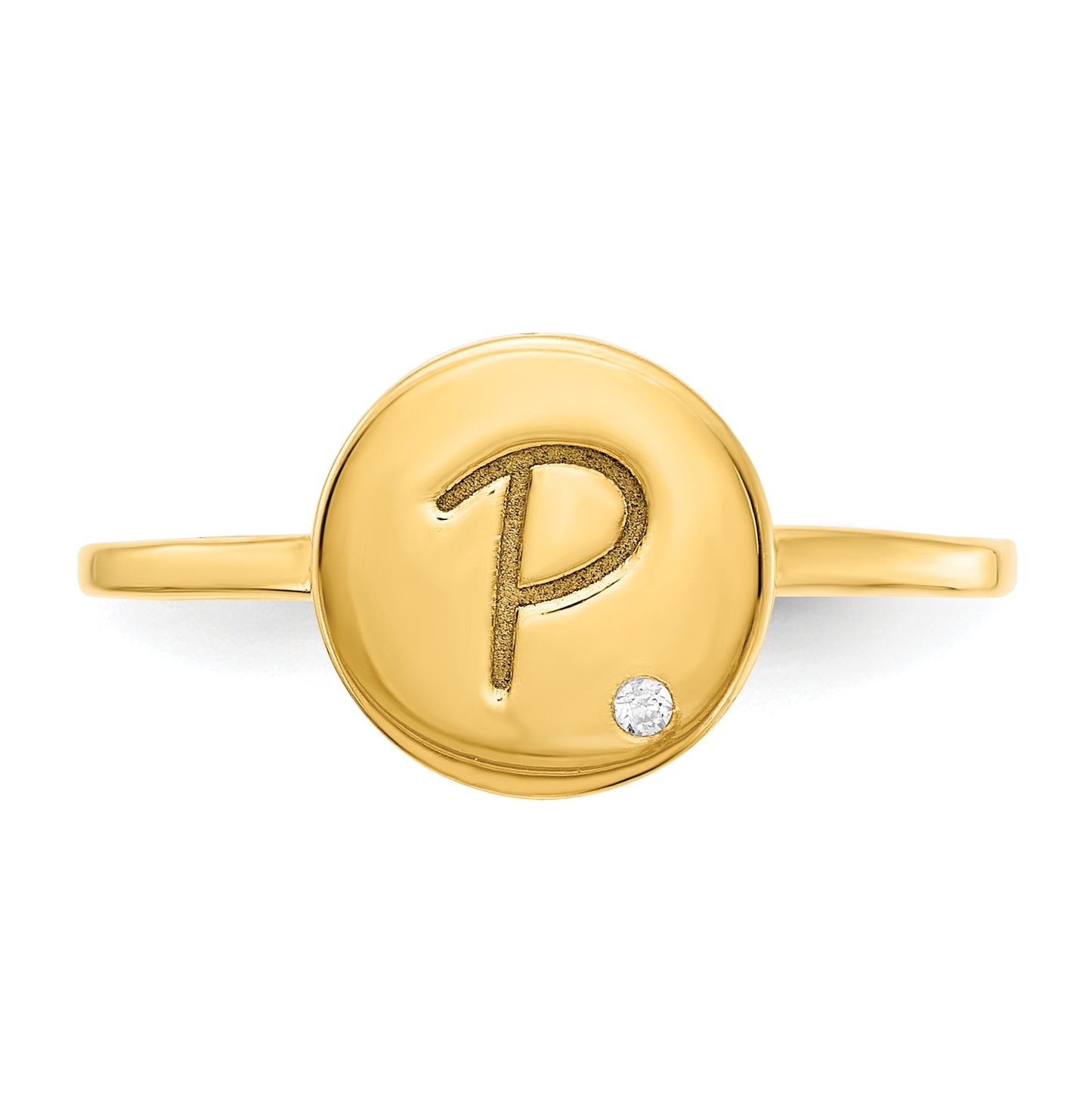 14K Yellow Gold Initial Circle with Diamond Signet Ring, Size 7