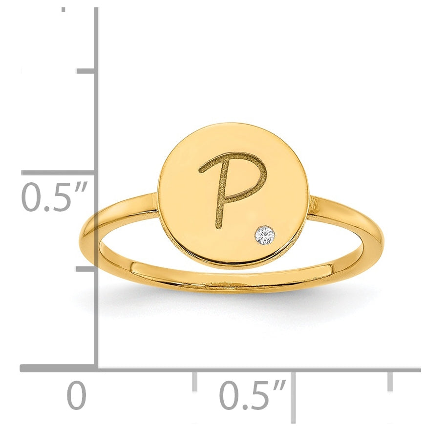 14K Yellow Gold Initial Circle with Diamond Signet Ring, Size 7