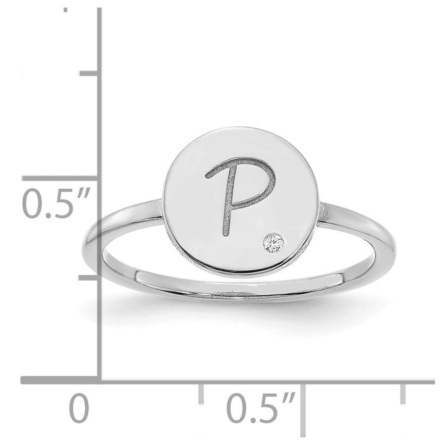 Sterling Silver Rhodium plated Initial Circle with Diamond Signet Ring, Size 7