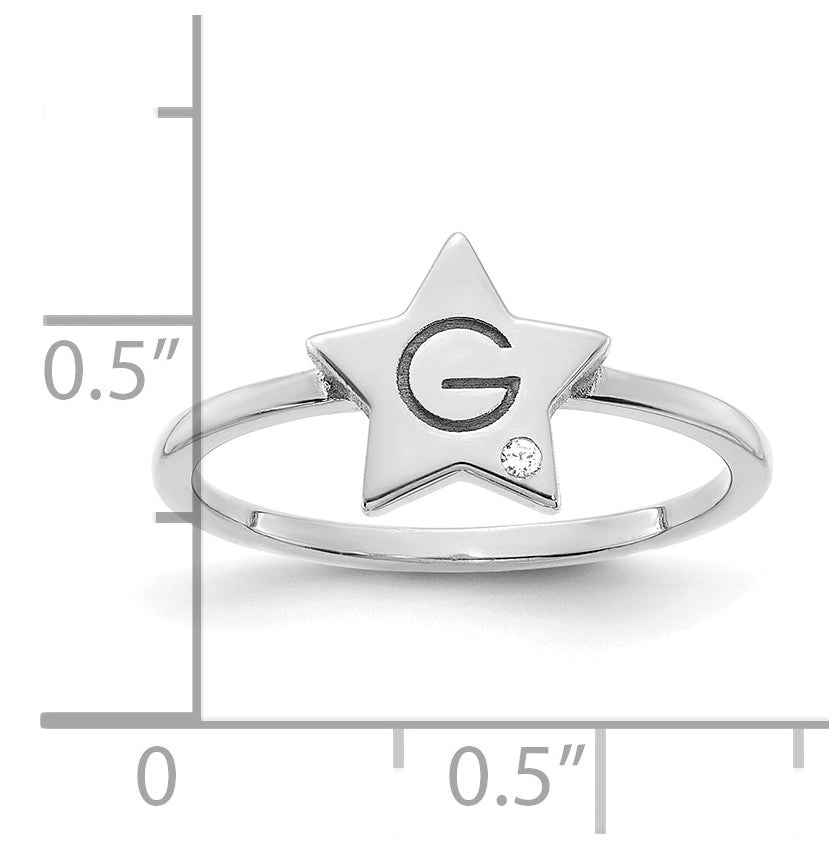 Sterling Silver Rhodium plated Initial Star with Diamond Signet Ring, Size 7