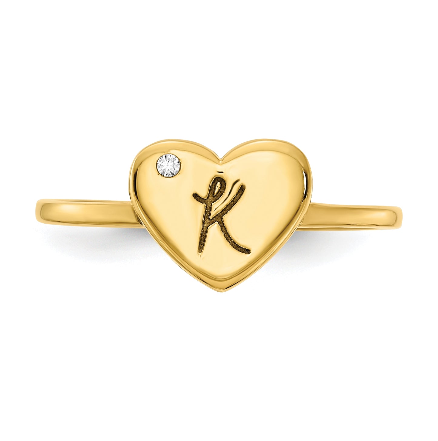Sterling Silver Gold Plated Initial Heart with Diamond Signet Ring, Size 6