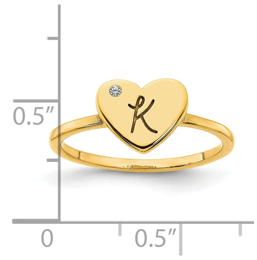 14K Yellow Gold Initial Heart with Diamond Signet Ring, Size 7
