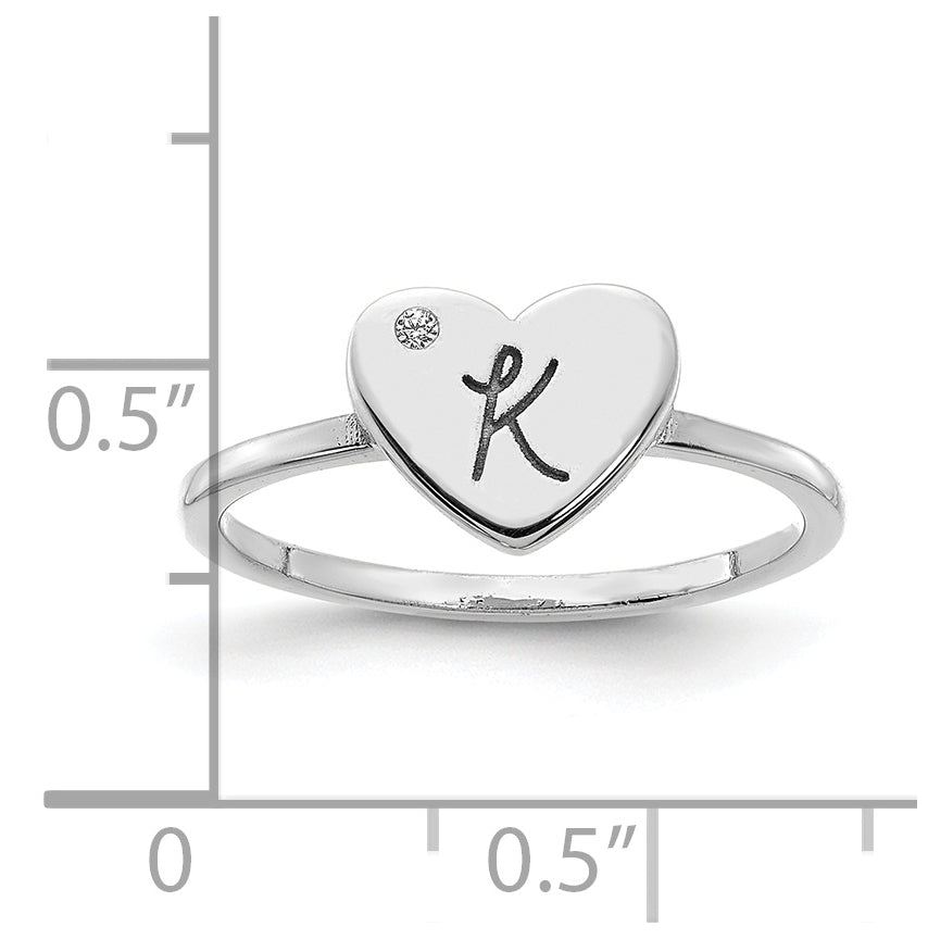 Sterling Silver Rhodium plated Initial Heart with Diamond Signet Ring, Size 7