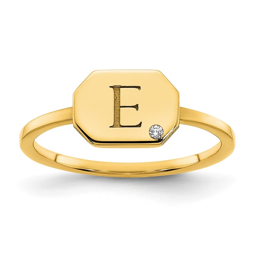 Sterling Silver Gold Plated Initial Octagon with Diamond Signet Ring, Size 6