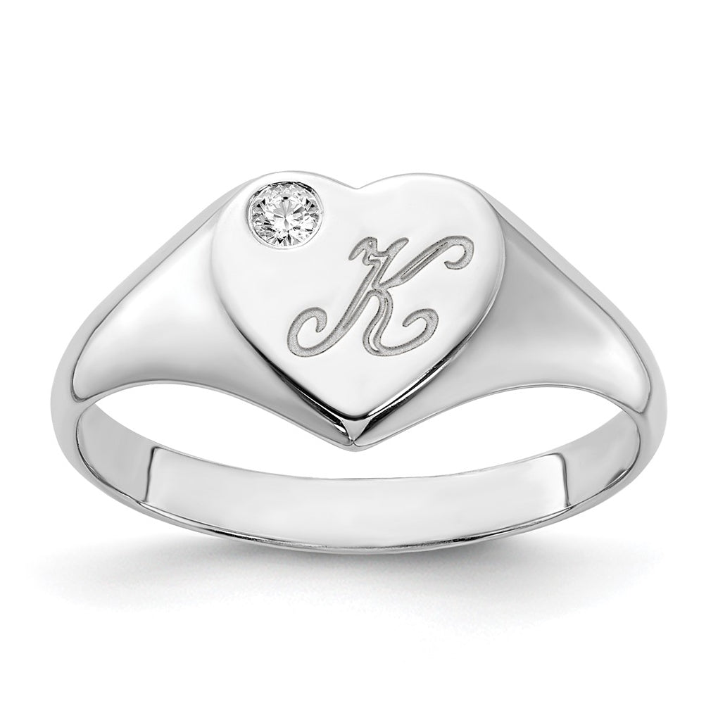 14K Yellow Or White Gold Or Sterling Silver Gold Plated Heart with Initial and Diamond Signet Ring