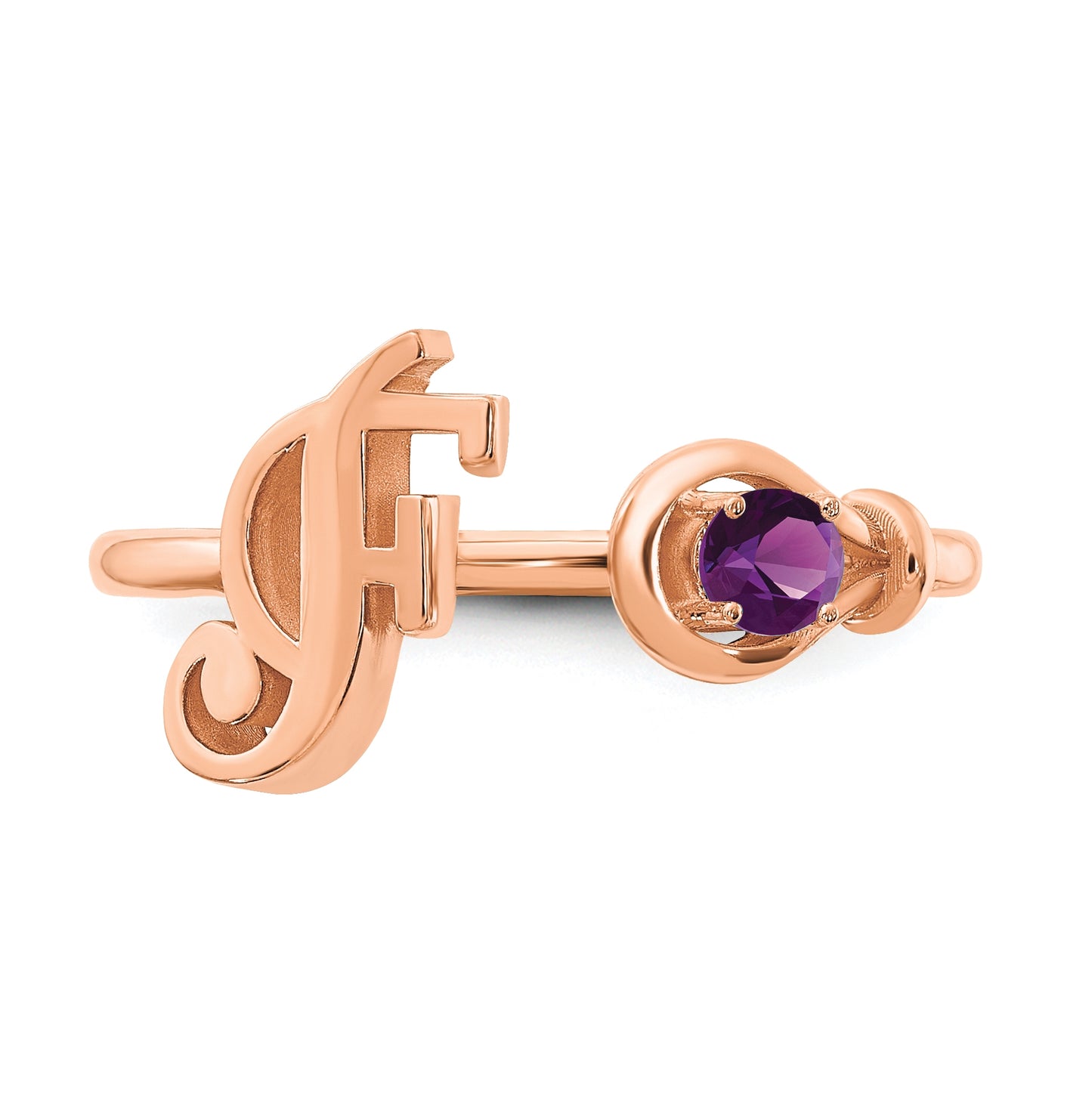 14K rose Gold Letter F with Birthstone Ring, Size 8