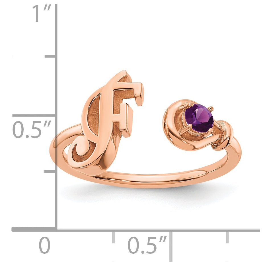 14K rose Gold Letter F with Birthstone Ring, Size 8