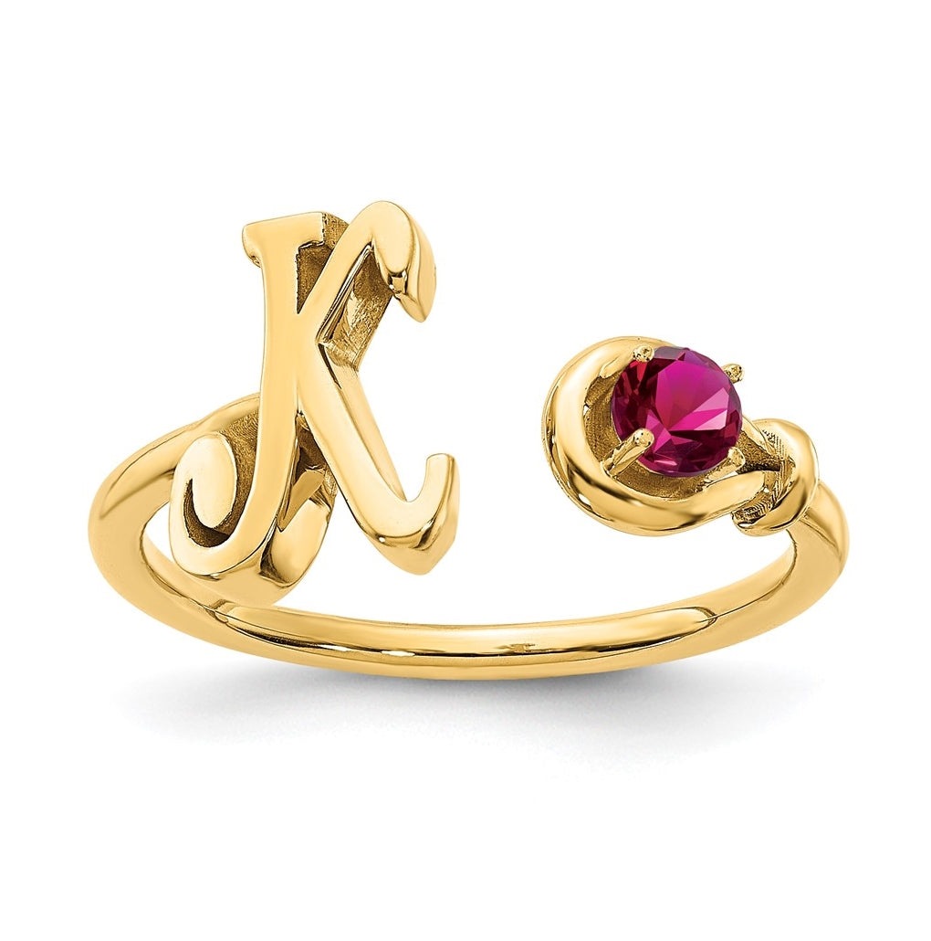 14K Yellow Gold Letter K with Birthstone Ring, Size 7