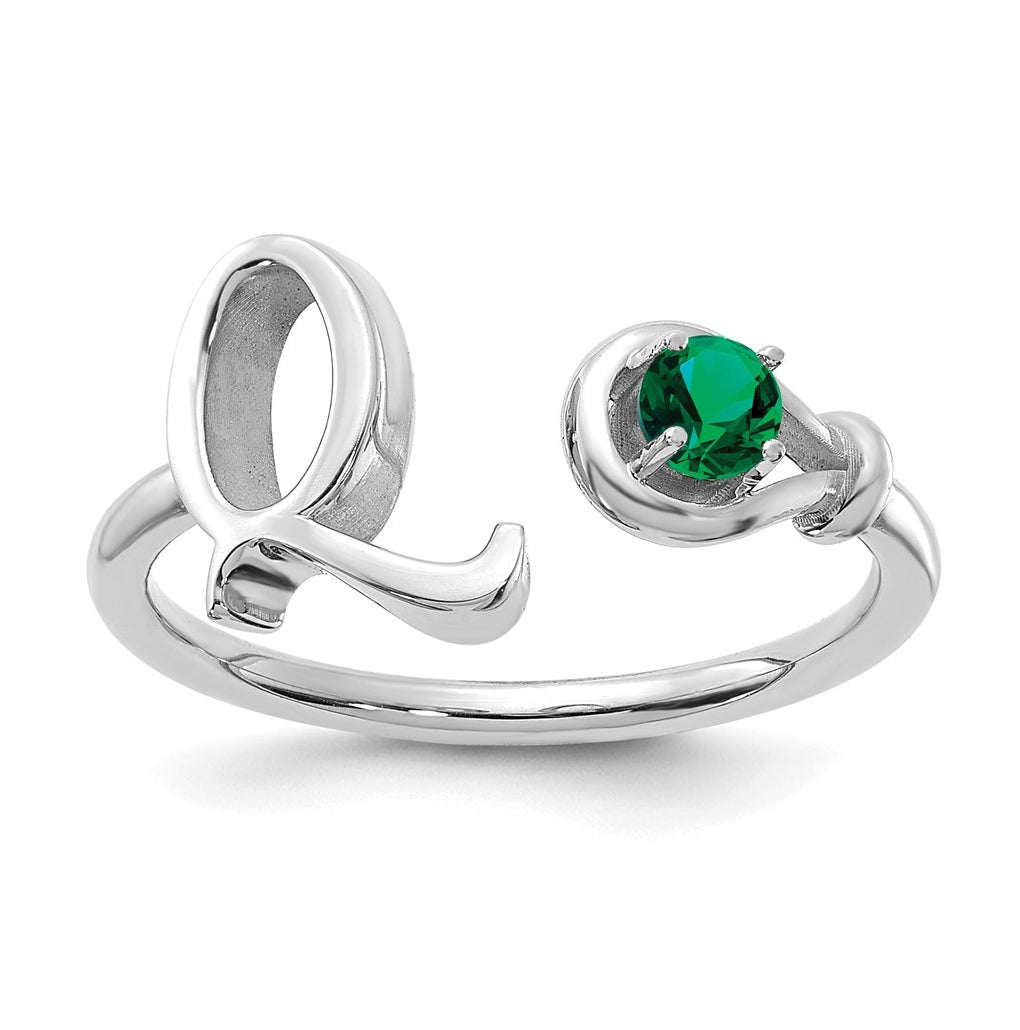Sterling Silver Rhodium plated Letter Q with Birthstone Ring, Size 7
