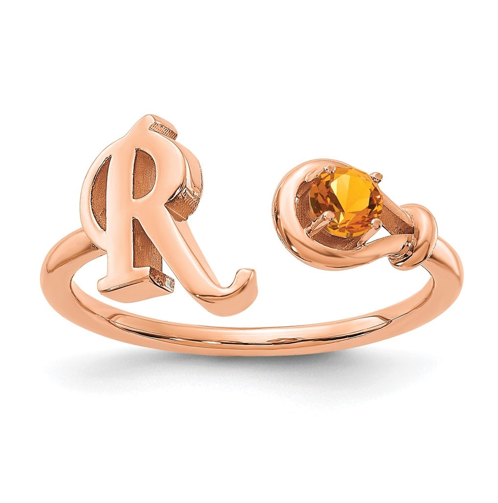14k Rose Gold Letter R with birthstone Ring, Size 8