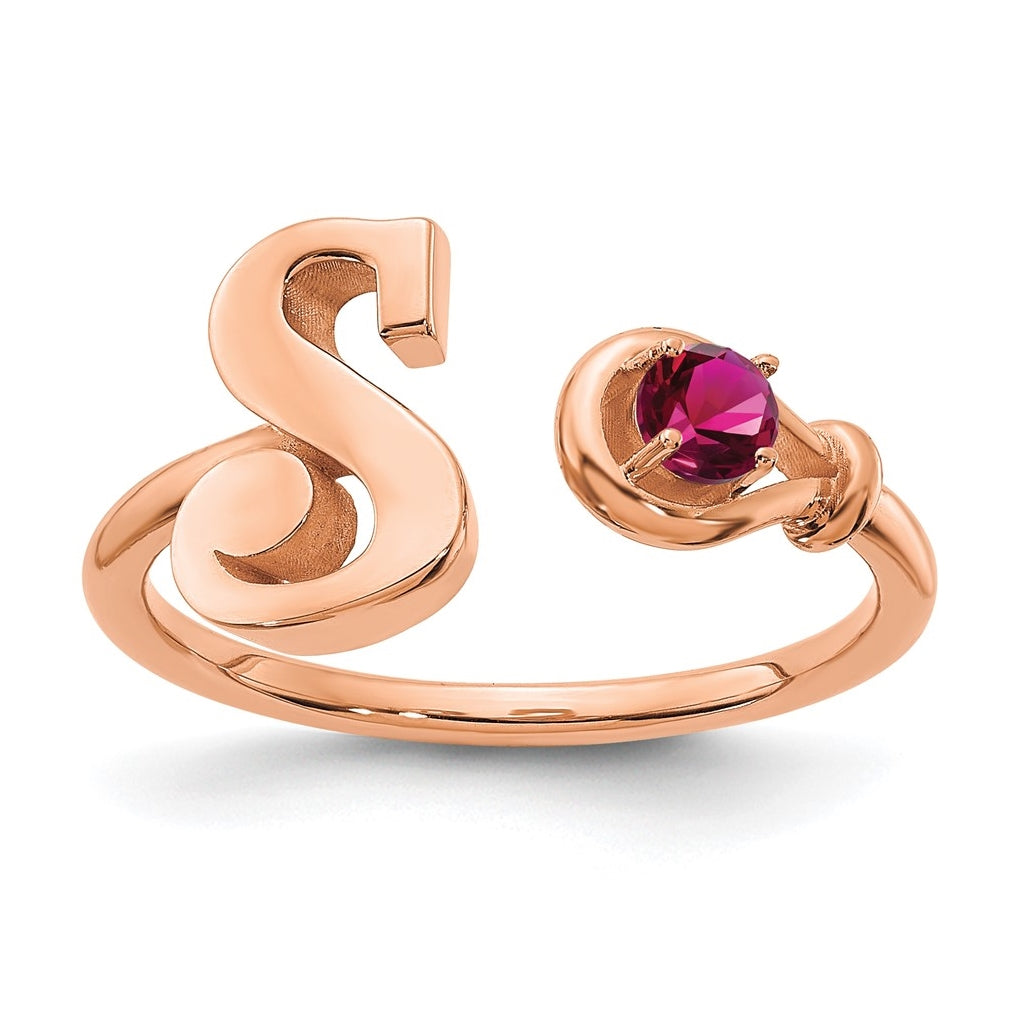 Sterling Silver Rose Gold Plated Letter S with Birthstone Ring, Size 8