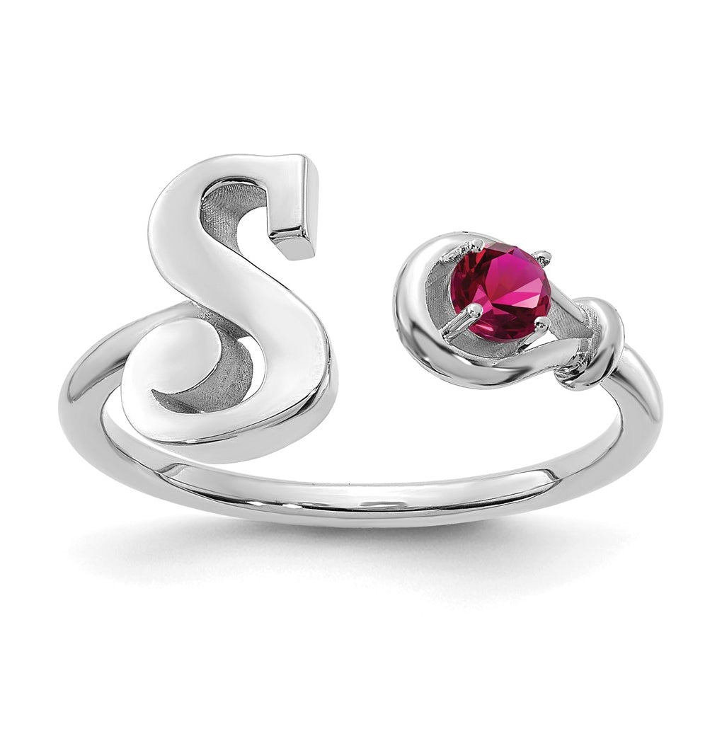 Sterling Silver Rhodium plated Letter S with Birthstone Ring, Size 7