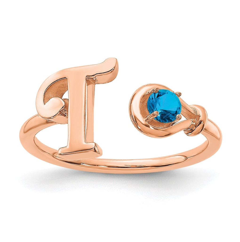 14K Rose Gold Letter T with Birthstone Ring, Size 8