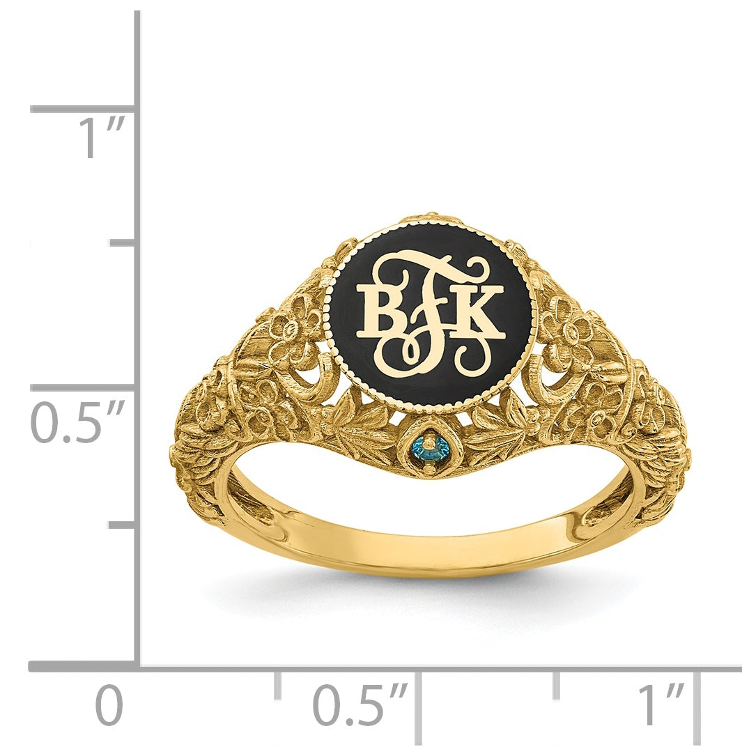 14K Yellow Gold Filigree with 1.5mm Birthstones Enameled Monogram Ring