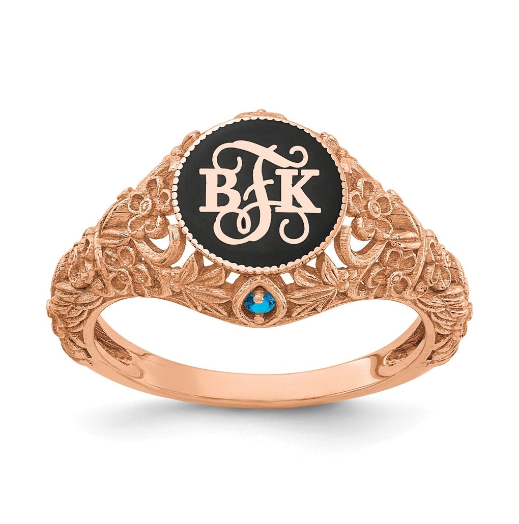 14K Rose Gold Filigree with Birthstone Enameled Monogram Ring