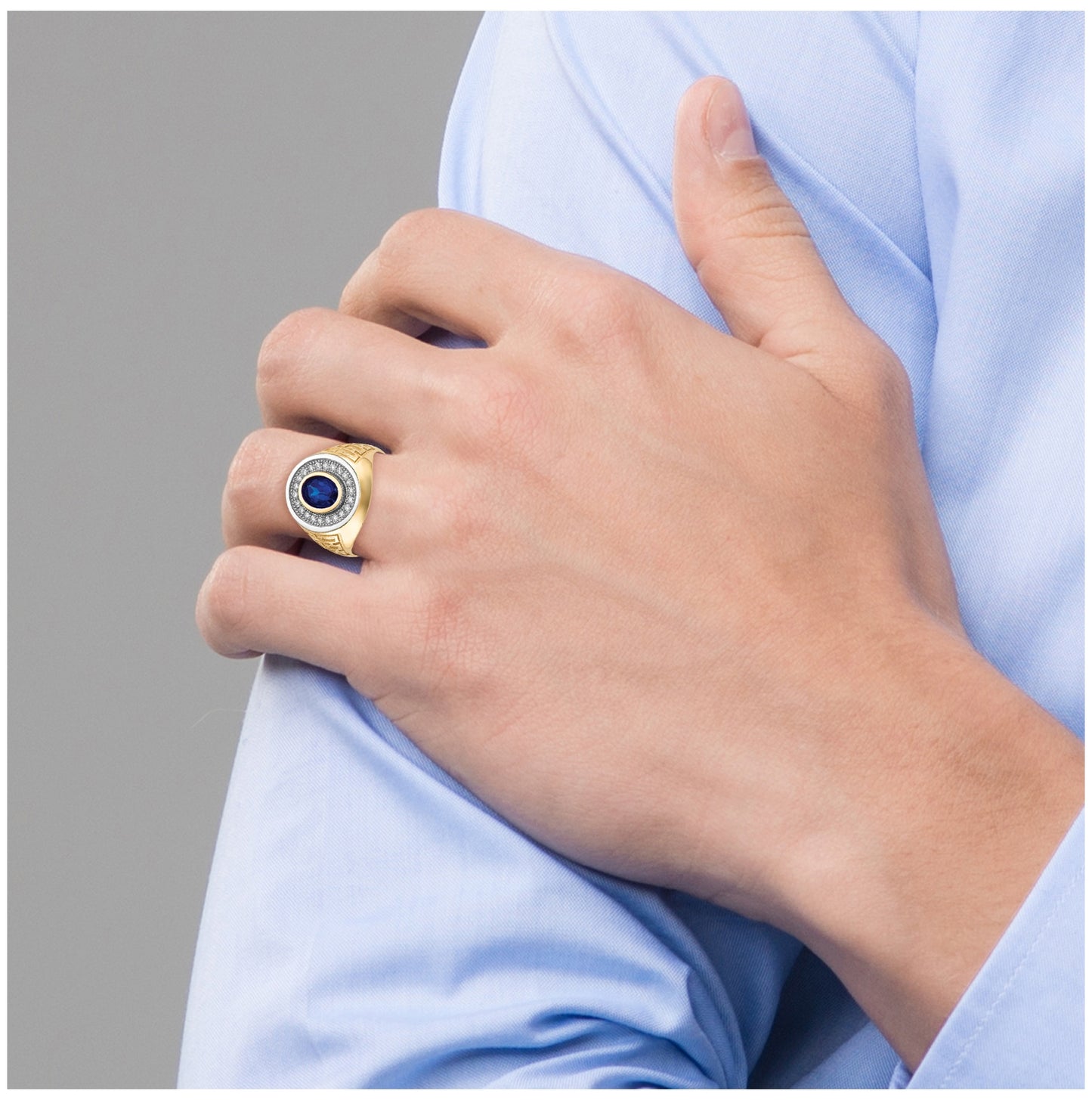 14k Yellow Gold and Rhodium Cubic Zirconia & Oval Blue Cubic Zirconia Mens Ring