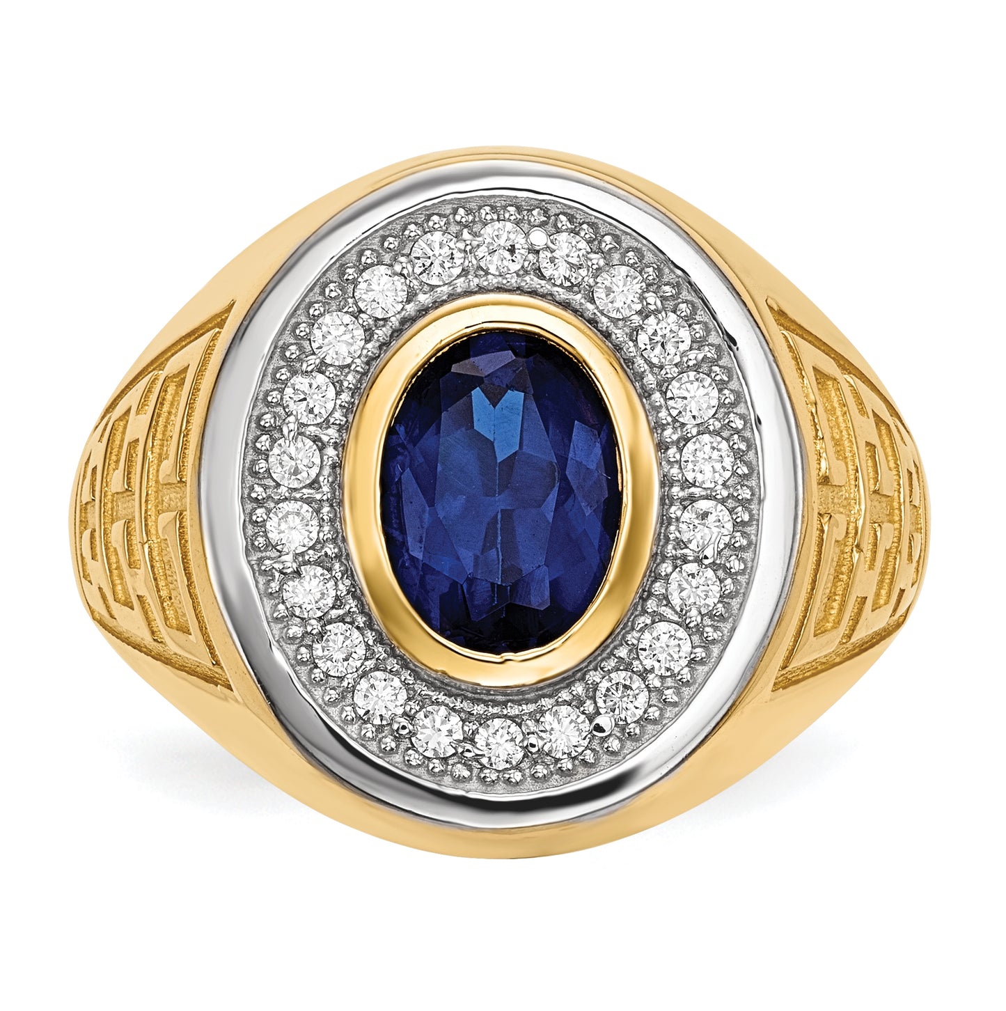 14k Yellow Gold and Rhodium Cubic Zirconia & Oval Blue Cubic Zirconia Mens Ring