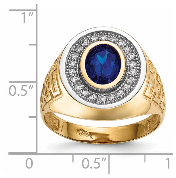14k Yellow Gold and Rhodium Cubic Zirconia & Oval Blue Cubic Zirconia Mens Ring