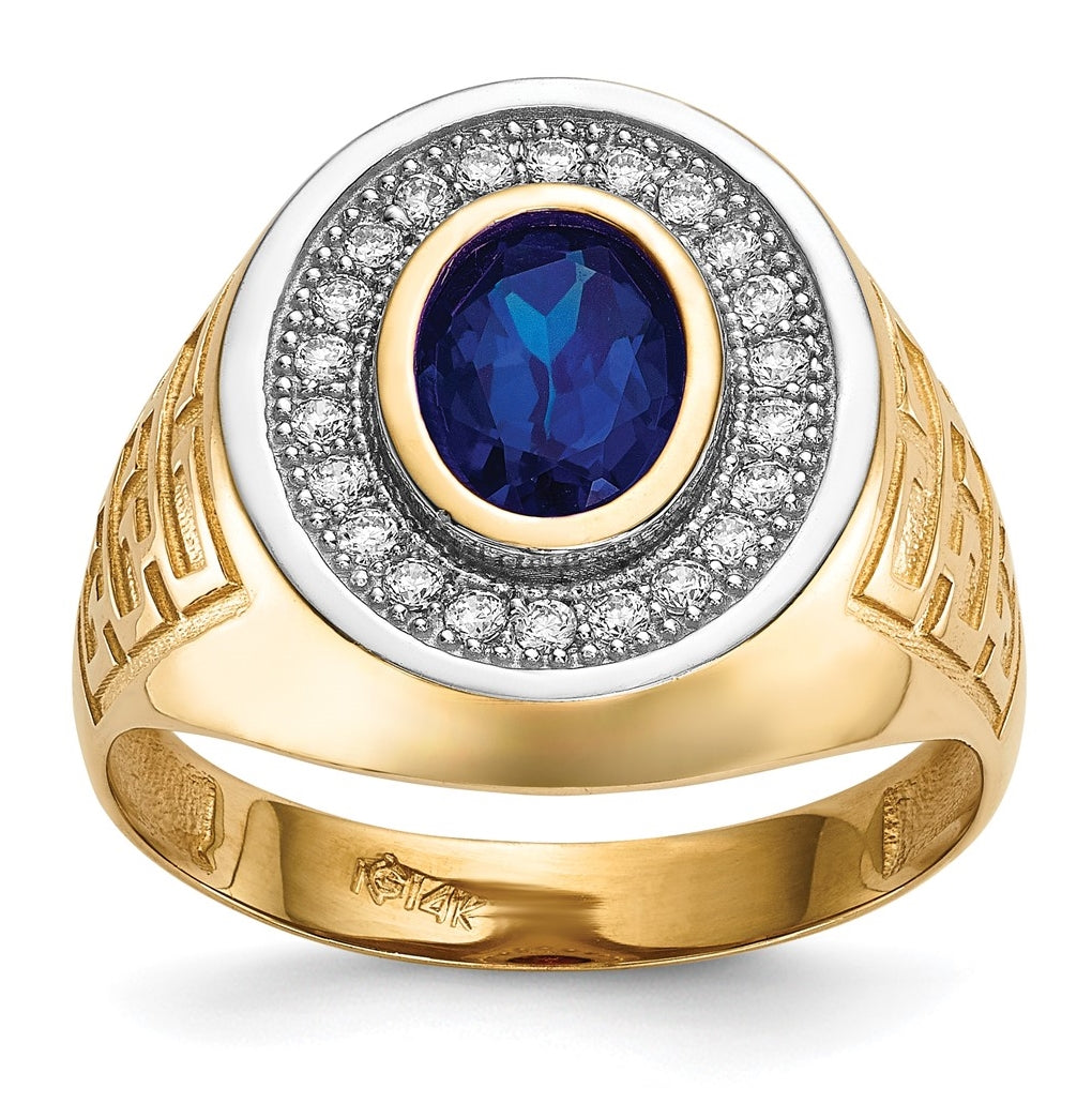 14k Yellow Gold and Rhodium Cubic Zirconia & Oval Blue Cubic Zirconia Mens Ring