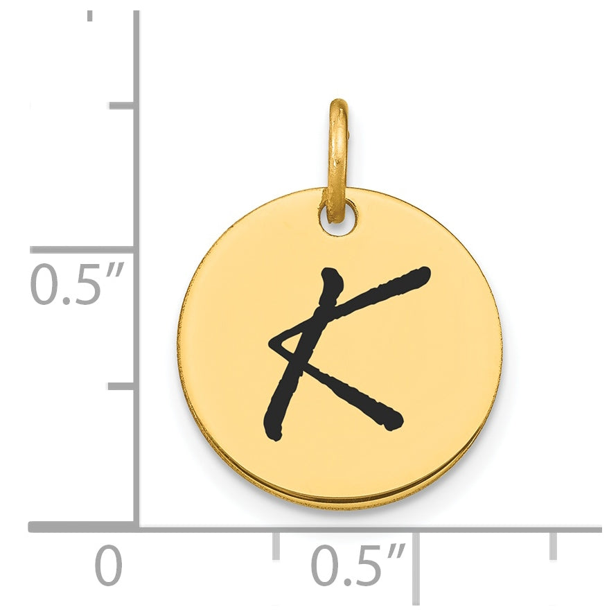 14K Yellow Gold Polished Black Enamel Letter K Initial Disk Charm