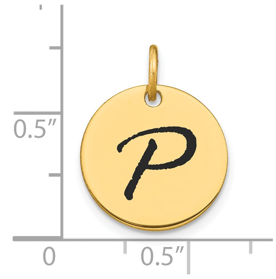 14K Yellow Gold Polished Black Enamel Letter P Initial Disk Charm