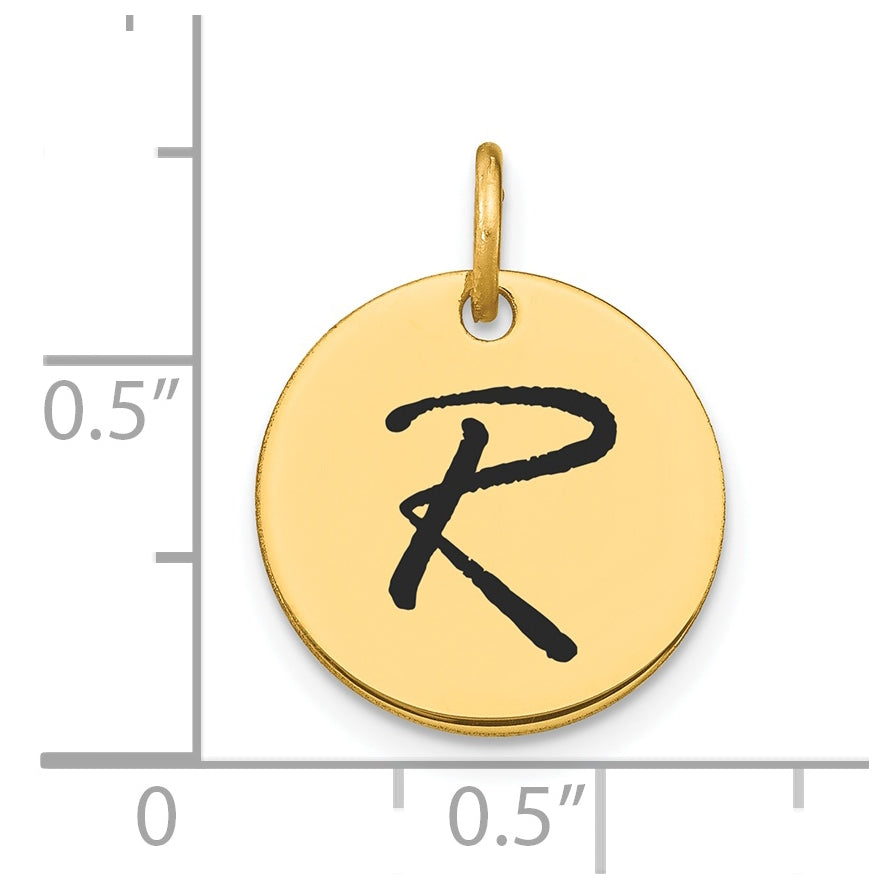 14K Yellow Gold Polished Black Enamel Letter R Initial Disk Charm