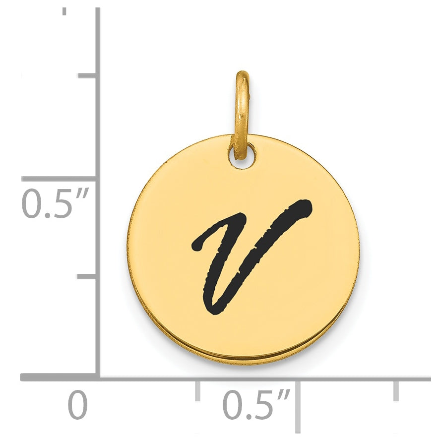 14K Yellow Gold Polished Black Enamel Letter V Initial Disk Charm